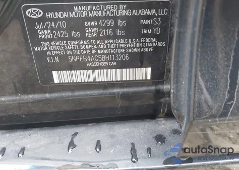 2011 Hyundai Sonata Gls from USA, damaged, VIN 5NPEB4AC5BH113206